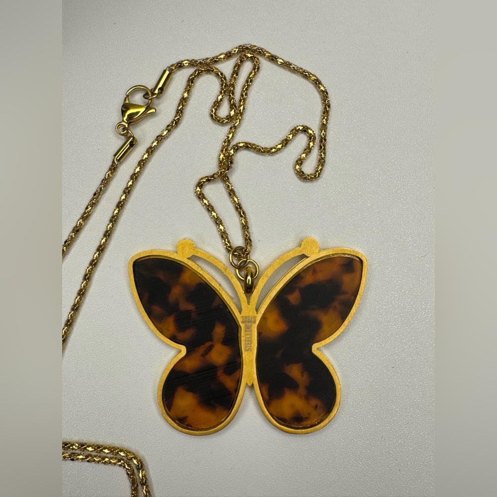 Butterfly pendant necklace tortoise rhinestones - Picture 8 of 11